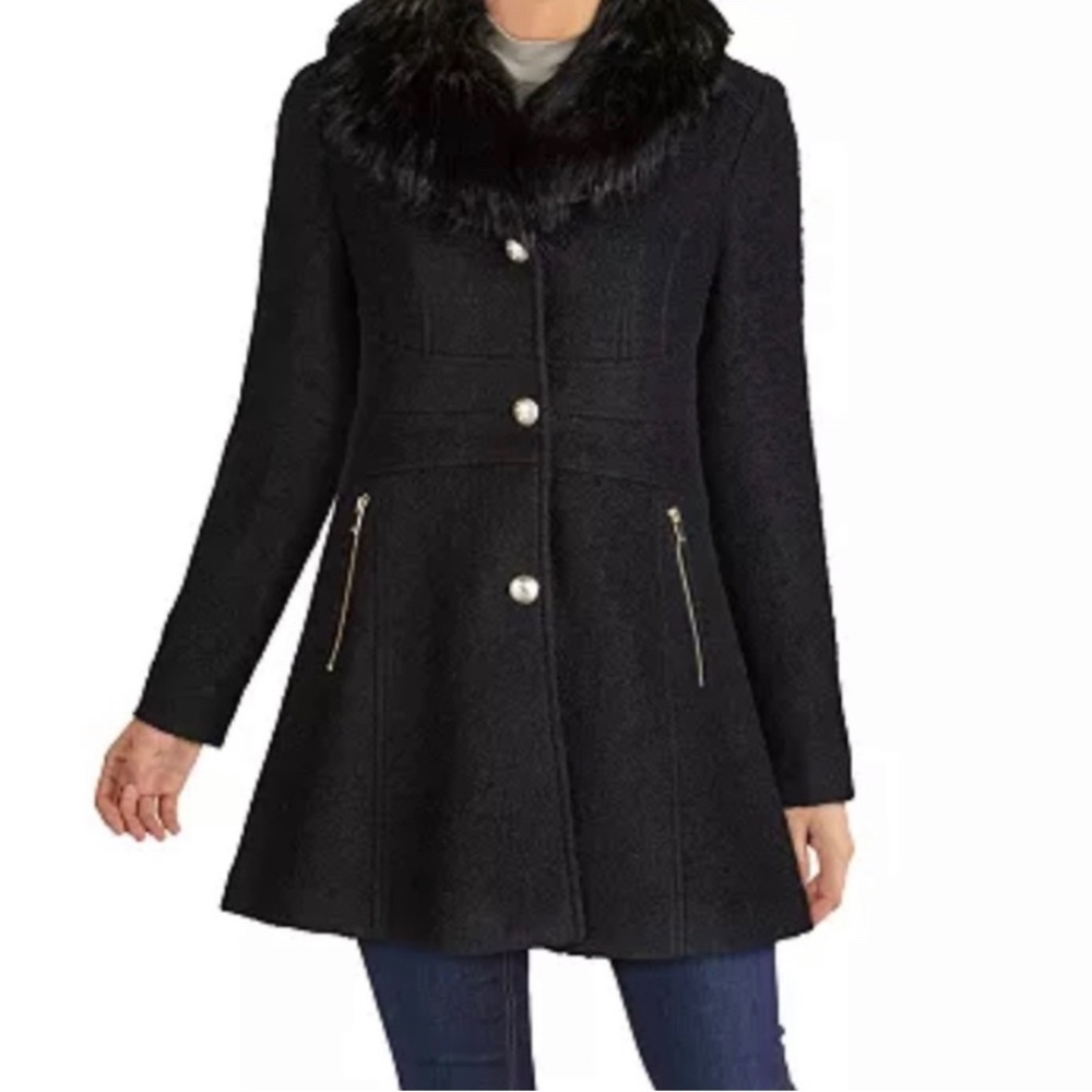 Guess Faux Fur Collar Skirted Wool Blend Coat Sz XL